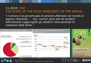 11.2010: FAO
THE STATE OF THE FOOD INSECURITY IN THE WORLD
“i numero e la percentuale di persone affamate nel mondo si
stanno riducendo, … ma i numeri sono tali da rendere
difficilmente raggiungibili gli obiettivi internazionali di
riduzione della fame.”




       Carlo Vezzoli
       Politecnico di Milano / INDACO / DIS / Scuola del Design / Italia
 