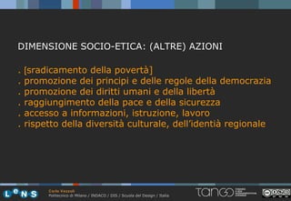 DIMENSIONE SOCIO-ETICA: (ALTRE) AZIONI

.   [sradicamento della povertà]
.   promozione dei principi e delle regole della democrazia
.   promozione dei diritti umani e della libertà
.   raggiungimento della pace e della sicurezza
.   accesso a informazioni, istruzione, lavoro
.   rispetto della diversità culturale, dell’identià regionale




         Carlo Vezzoli
         Politecnico di Milano / INDACO / DIS / Scuola del Design / Italia
 