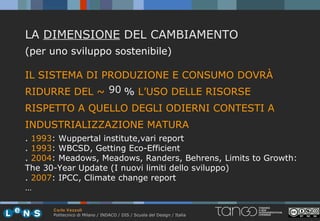 LA DIMENSIONE DEL CAMBIAMENTO
(per uno sviluppo sostenibile)

IL SISTEMA DI PRODUZIONE E CONSUMO DOVRÀ
RIDURRE DEL ~ 90 % L’USO DELLE RISORSE
                ?
RISPETTO A QUELLO DEGLI ODIERNI CONTESTI A
INDUSTRIALIZZAZIONE MATURA
. 1993: Wuppertal institute,vari report
. 1993: WBCSD, Getting Eco-Efficient
. 2004: Meadows, Meadows, Randers, Behrens, Limits to Growth:
The 30-Year Update (I nuovi limiti dello sviluppo)
. 2007: IPCC, Climate change report
…

      Carlo Vezzoli
      Politecnico di Milano / INDACO / DIS / Scuola del Design / Italia
 