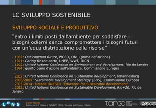 LO SVILUPPO SOSTENIBILE

SVILUPPO SOCIALE E PRODUTTIVO
“entro i limiti posti dall’ambiente per soddisfare i
bisogni odierni senza compromettere i bisogni futuri
con un’equa distribuzione delle risorse”
. 1987: Our common future, WCED, ONU (prima definizione)
. 1991: Caring for the earth, UNEP, WWF, IUCN
. 1992: United Nations Conference on Environment and development, Rio de Janeiro
. 1994: quinto piano d’azione sull’ambiente, Commissione Europea
 …
. 2002: United Nations Conference on Sustainable development, Johannesburg
. 2006/2009: Sustainable Development Strategy (SDS), Commissione Europea
. 2005-2014: Decade UNESCO “Education for Sustainable development”
. 2012: United Nations Conference on Sustainable Development, Rio+20, Rio de
Janeiro


        Carlo Vezzoli
        Politecnico di Milano / INDACO / DIS / Scuola del Design / Italia
 