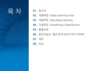 01. 팀소개
02. 개발배경 : Deep Learning is hot
03. 개발목표 : Easy Deep Learning
04. 기술특징 : Everything is OpenSource
05. 활용사례
06. 발전가능성 : 좋은 공개 S/W가 되기 위하여
07. 데모
08. Q/A
목 차
 
