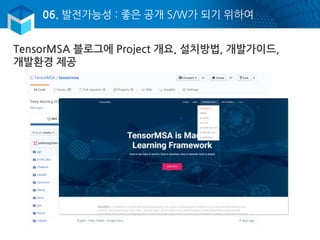 06. 발전가능성 : 좋은 공개 S/W가 되기 위하여
TensorMSA 블로그에 Project 개요, 설치방법, 개발가이드,
개발환경 제공
 