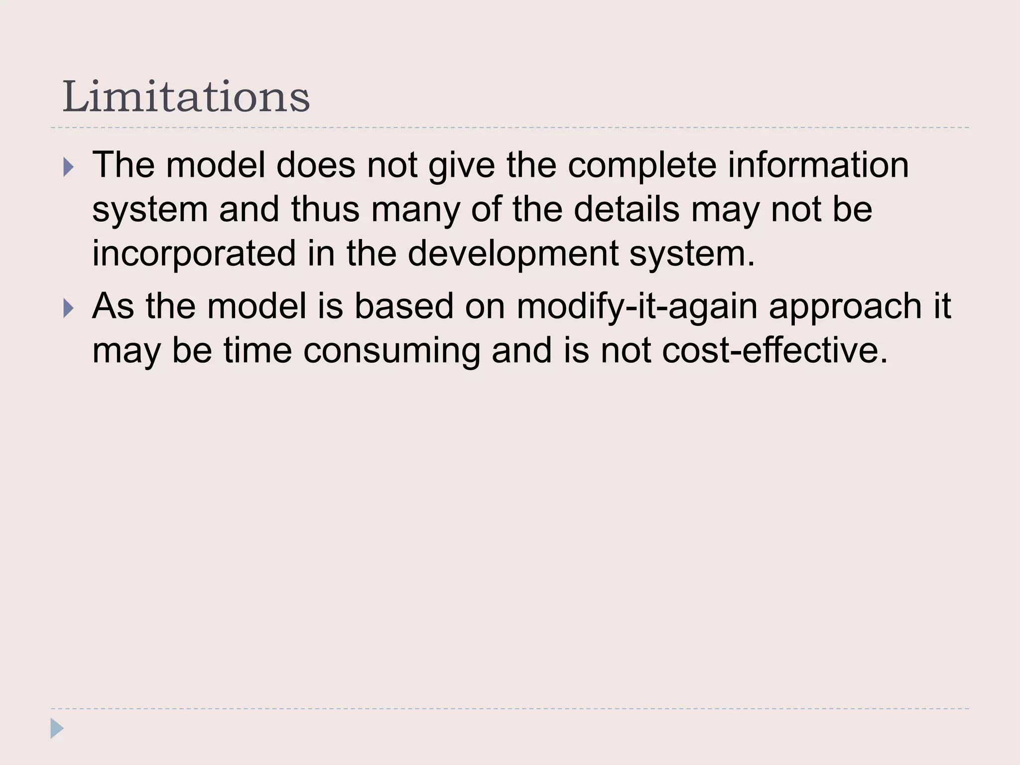 Limitations
 The model does not give the complete information
system and thus many of the details may not be
incorporated in the development system.
 As the model is based on modify-it-again approach it
may be time consuming and is not cost-effective.
 