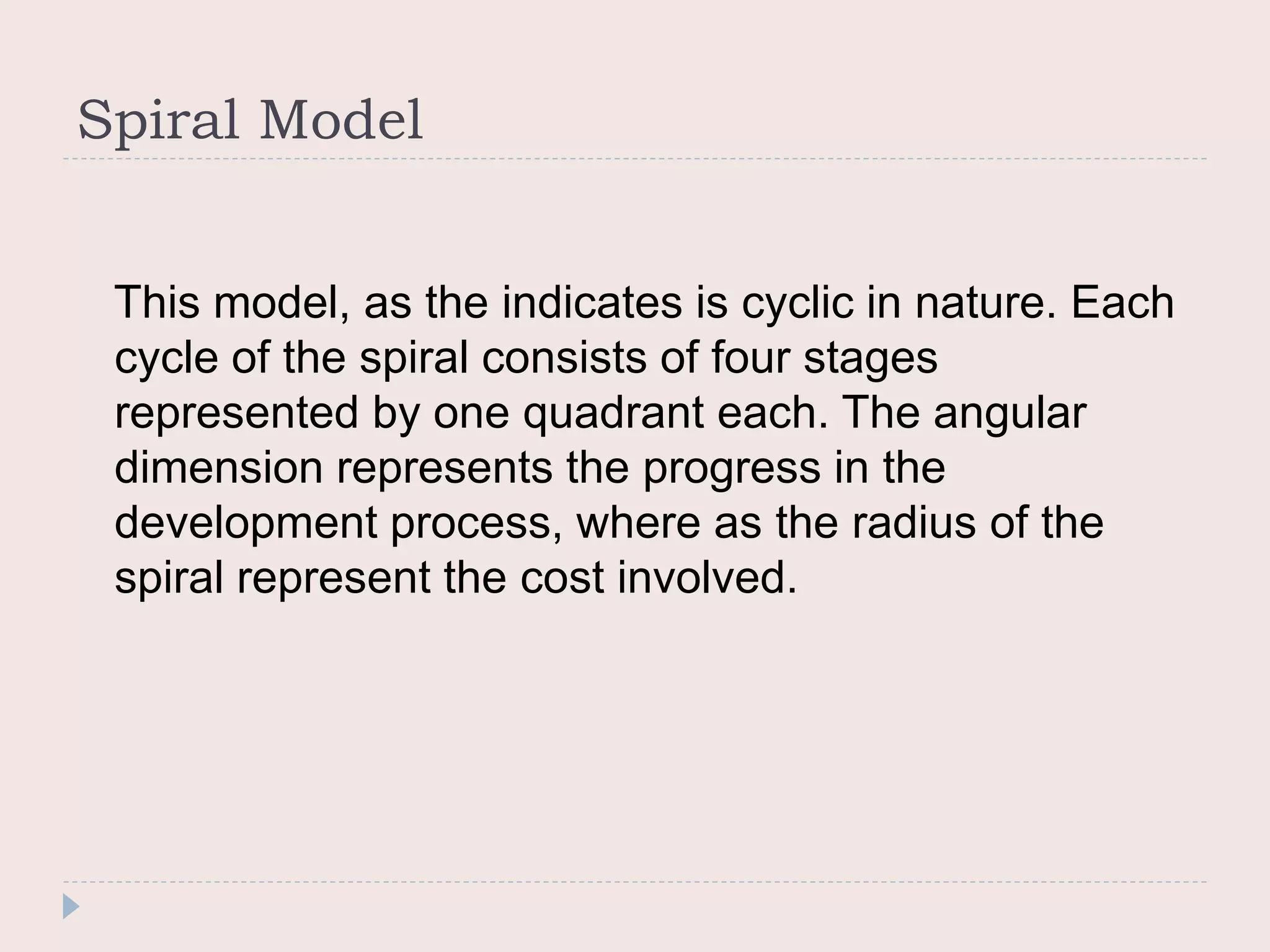 Spiral Model
This model, as the indicates is cyclic in nature. Each
cycle of the spiral consists of four stages
represented by one quadrant each. The angular
dimension represents the progress in the
development process, where as the radius of the
spiral represent the cost involved.
 
