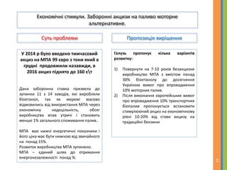 Суть проблеми Пропозиція вирішення
13
Економічні стимули. Заборонні акцизи на паливо моторне
альтернативне.
У 2014 р було введено тимчасовий
акциз на МПА 99 євро з тони який в
грудні продовжили назавжди, в
2016 акциз піднято до 160 єт
Дана заборонна ставка призвела до
зупинки 11 з 14 заводів, які виробляли
біоетанол, так як мережі масово
відмовились від використання МПА через
економічну недоцільність, обсяг
виробництва впав утричі і становить
менше 1% загального споживання палив..
МПА має нижчі енергетичні показники і
його ціна має бути нижчою від звичайного
на понад 15%.
Розвиток виробництва МПА зупинено.
МПА – єдиний шлях до отримання
енергонезалежності понад %.
Галузь пропонує кілька варіантів
розвитку:
1) Повернути на 7-10 років безакцизне
виробництво МПА з вмістом понад
30% біоетанолу до досягнення
Україною вимог про впровадження
10% моторних палив.
2) Після виконання європейських вимог
про впровадження 10% транспортних
біопалив пропонується встановити
стимулюючий акциз на економічному
рівні 10-20% від стави акцизу на
традиційні бензини
 