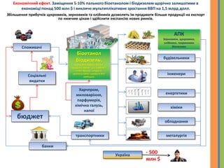 Економічний ефект. Заміщення 5-10% пального біоетанолом і біодизелем щорічно залишатиме в
економіці понад 500 млн $ і викличе мультиплікативне зростання ВВП на 1,5 млрд долл.
Біоетанол
біодизель,
Корми для тварин, біогаз,
кукурузне масло, сухі кормові і
хлібні дріжжі, гліцерин,
вуглекислота, сировина для
медицини
АПК
Зерновики, цукровики,
олійники, тваринники
біопаливо
будівельники
інженери
енергетики
хіміки
обладнання
металургіятранспортники
банки
бюджет
Споживачі
Соціальні
видатки
Харчпром,
миловаріння,
парфумерія,
хімічна галузь,
напої
Україна
- 500
млн $
Збільшення прибутків цукровиків, зерновиків та олійників дозволить їм продавати більше продукції на експорт
по нижчим цінам і здійснити експансію нових ринків.
 