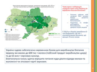 Чому одна з найкращих
аграрних країн світу Україна не
виробляє власних біопалив?
– Потужне нафтове лобі
сусідньої Росії роками
блокує розвиток
українських
біопаливників.
– Податківці та мінфін
розглядають
біопаливників, як
джерело втрати акцизів
У 2014 р в Україні вироблено 0
тон біодизелю і 60 тис т
альтернативних бензинів, що
менше 1% всіх палив
Україна чудово забезпечена сировинною базою для виробництва біопалив
Щороку ми маємо до 600 тис т меляси (побічний продукт виробництва цукру)
та до 63 млн т зернових культур.
Біоетанольна галузь здатна вирішити питання куди дівати відходи меласи та
малоякісні чи зіпсовані партії зернових.
6
 
