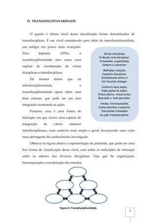 5
D. TRANSDISCIPLINARIDADE
O quarto e último nível dessa classificação foram denominados de
transdisciplinar. É um nível considerado para além da interdisciplinaridade,
um estágio um pouco mais avançado.
Para Japiassú (1976), a
transdisciplinaridade atua como uma
espécie de coordenação de várias
disciplinas e interdisciplinas.
Da mesma forma que na
interdisciplinaridade, a
transdisciplinaridade opera sobre uma
base comum, que pode ser um eixo
integrador norteando as ações.
Portanto, essa é uma forma de
interação em que ocorre uma espécie de
integração de vários sistemas
interdisciplinares, num contexto mais amplo e geral, favorecendo uma visão
mais abrangente do conhecimento investigado.
Observe na figura abaixo a representação de pirâmide, que pode ser uma
boa forma de visualização desse nível, com todas as indicações de interação
entre os saberes das diversas disciplinas. Veja que há organização,
hierarquização e coordenação dos estudos.
Várias disciplinas,
Pirâmide interdisciplinar.
Irmanadas, organizadas,
Sempre a conversar.
Múltiplas relações,
Conjunto disciplinar.
Estabelecem entre si
Um fecundo dialogar.
Contexto mais amplo,
Visão global do saber:
Níveis abaixo, níveis acima,
Buscando o todo perceber.
Unidas, hierarquizadas,
Conhecimentos a explorar,
Disciplinas irmanadas
na ação transdisciplinar.
Figura 4: Transdisciplinaridade.
 
