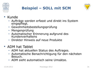 Beispiel – SOLL mit SCM
• Kunde
• Aufträge werden erfasst und direkt ins System
eingepflegt.
• Gewohnheitsbestellungsprüfung
• Mengenprüfung
• Automatischer Erinnerung aufgrund des
Kundenverhaltens
• Direkter Hinweis auf neue Produkte
• ADM hat Tablet
• ADM hat aktuellen Status des Auftrages.
• Automatische Benachrichtigung für den nächsten
Besuch.
• ADM sieht automatisch seine Umsätze.
12.04.2012 16
Praxistage 2012
 