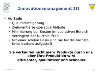 Innovationsmanagement III
• Vorteile
• Qualitätssteigerung
• Zielorientierte operative Abläufe
• Minimierung der Kosten im operativen Bereich
• Verringern der Durchlaufzeit
• Mit einer soliden Basis sind Sie für die nächste
Krise bestens aufgestellt.
Sie verkaufen nicht mehr Produkte durch uns,
aber Ihre Produktion wird
effizienter, qualitativer und schneller
12.04.2012 Praxistage 2012 5
 
