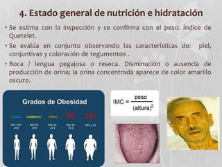 4. Estado general de nutrición e hidratación
• Se estima con la inspección y se confirma con el peso. Índice de
Quetelet.
• Se evalúa en conjunto observando las características de: piel,
conjuntivas y coloración de tegumentos .
• Boca / lengua pegajosa o reseca. Disminución o ausencia de
producción de orina; la orina concentrada aparece de color amarillo
oscuro.
 