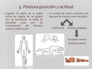 5. Postura-posición y actitud
• Erguido. El plano de la pelvis
forma un ángulo de 30 grados
con la horizontal, la línea de
gravedad pasa por las
articulaciones del hombro,
cadera, rodillas y pie.
• La actitud de estar acostada una
persona se conoce como decúbito.
Indiferente Posición obligada
Decúbito ventral
Decúbito lateral
 
