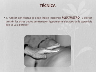 TÉCNICA
• 1. Aplicar con fuerza el dedo índice izquierdo PLEXÍMETRO y ejercer
presión los otros dedos permanecen ligeramente elevados de la superficie
que se va a percutir
 