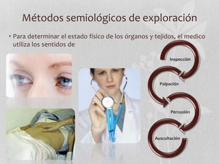Métodos semiológicos de exploración
• Para determinar el estado físico de los órganos y tejidos, el medico
utiliza los sentidos de
Inspección
Percusión
Auscultación
Palpación
 