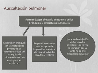 Auscultación pulmonar
Permite juzgar el estado anatómico de los
bronquios y estructuras pulmonares
Respiración bronquial
son las vibraciones
propias de las
paredes elásticas del
bronquio y la
columna de aire que
estas paredes
encierran
Respiración vesicular
esta se oye en la
inspiración y se debe
a la elasticidad de las
paredes alveolares
Nota: en la relajación
de las paredes
alveolares , se pierde
la vibración por lo
tanto no se oye
ningún ruido alveolar
 