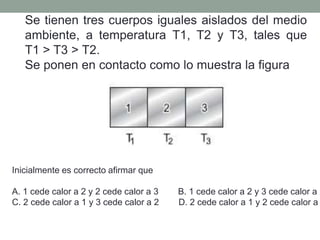 Se tienen tres cuerpos iguales aislados del medio ambiente, a temperatura T1, T2 y T3, tales que              T1 > T3 > T2.  Se ponen en contacto como lo muestra la figura  Inicialmente es correcto afirmar que    A. 1 cede calor a 2 y 2 cede calor a 3        B. 1 cede calor a 2 y 3 cede calor a 2  C. 2 cede calor a 1 y 3 cede calor a 2        D. 2 cede calor a 1 y 2 cede calor a 3  