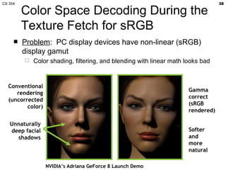 Color Space Decoding During the Texture Fetch for sRGB Problem :  PC display devices have non-linear (sRGB) display gamut Color shading, filtering, and blending with linear math looks bad Conventional rendering (uncorrected color) Gamma correct (sRGB rendered) Softer and more natural Unnaturally deep facial shadows NVIDIA’s Adriana GeForce 8 Launch Demo 