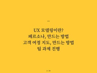 UX 모델링이란?


페르소나, 만드는 방법


고객 여정 지도, 만드는 방법


팀 과제 진행
/ 26
2
 
