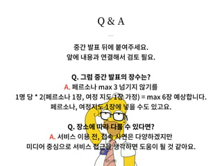 Q & A
/ 26
23
중간 발표 뒤에 붙여주세요.
앞에 내용과 연결해서 검토 필요.
Q. 그럼 중간 발표의 장수는?
A. 페르소나 max 3 넘기지 않기를
1명 당 * 2(페르소나 1장, 여정 지도 1장 가정) = max 6장 예상합니다.
페르소나, 여정지도 1장에 넣을 수도 있고요.
Q. 장소에 따라 다를 수 있다면?
A. 서비스 이용 전, 접속 사연은 다양하겠지만
미디어 중심으로 서비스 접근을 생각하면 도움이 될 것 같아요.
 