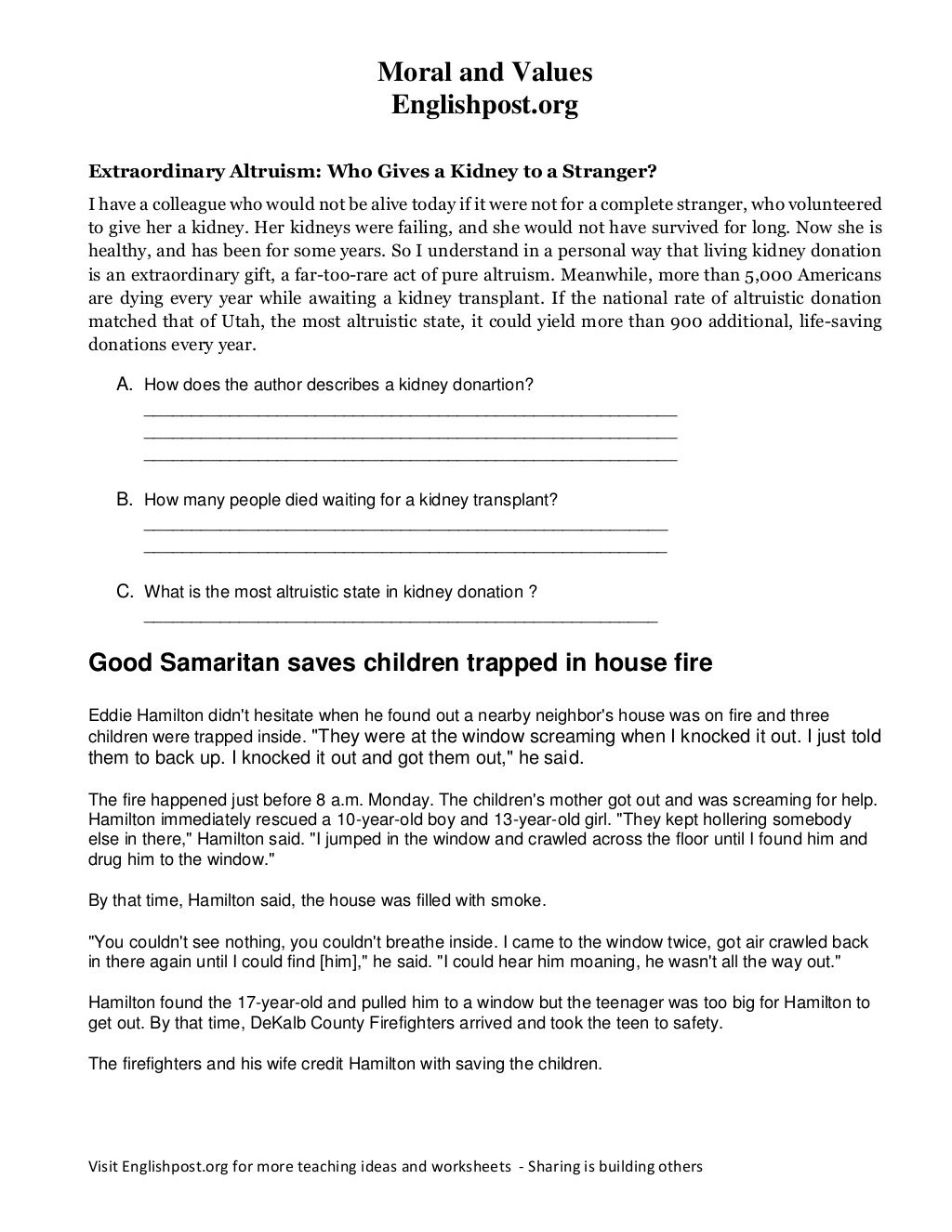 Moral and Values Worksheet (Englishpost.org)