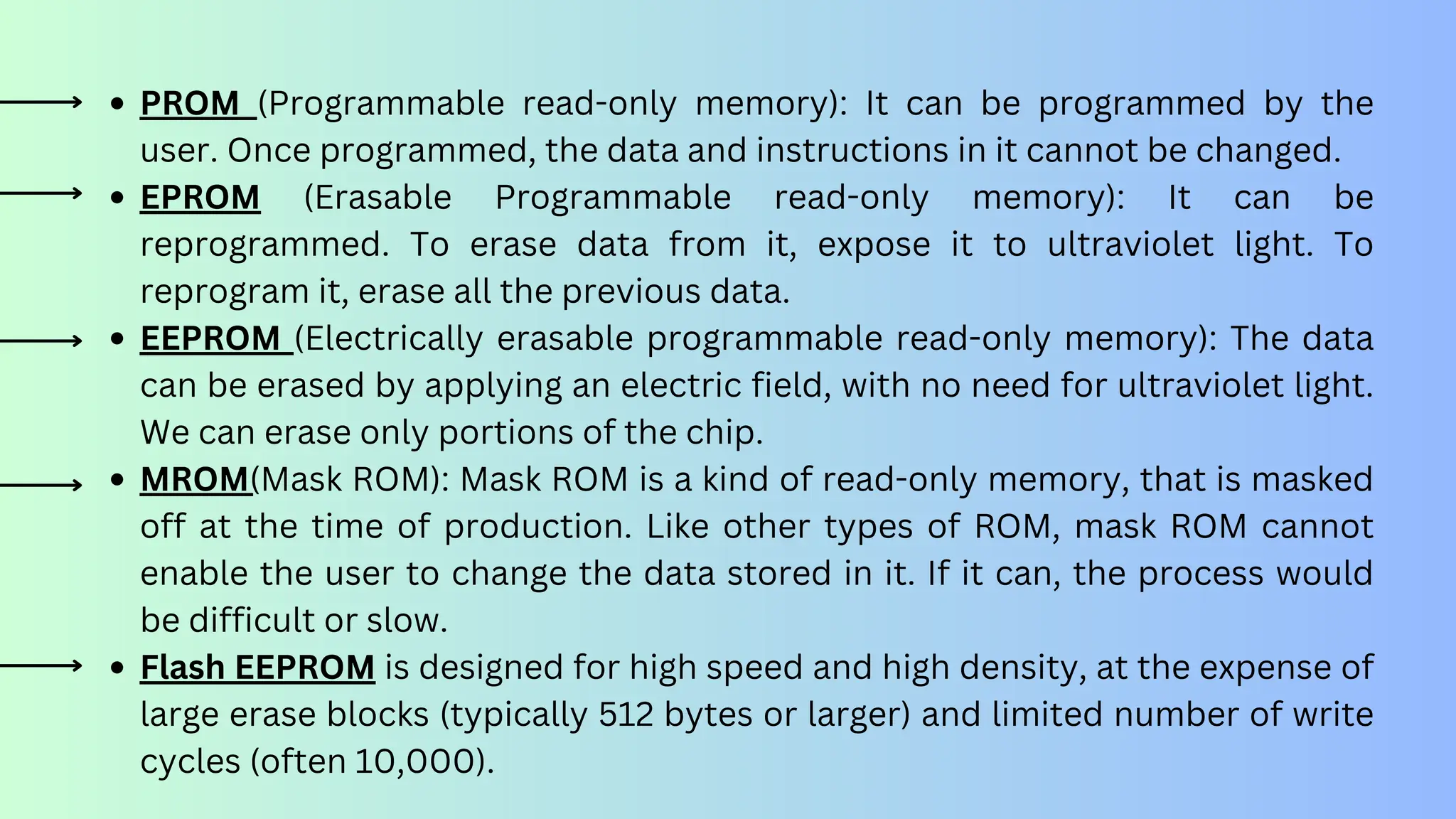 PROM (Programmable read-only memory): It can be programmed by the
user. Once programmed, the data and instructions in it cannot be changed.
EPROM (Erasable Programmable read-only memory): It can be
reprogrammed. To erase data from it, expose it to ultraviolet light. To
reprogram it, erase all the previous data.
EEPROM (Electrically erasable programmable read-only memory): The data
can be erased by applying an electric field, with no need for ultraviolet light.
We can erase only portions of the chip.
MROM(Mask ROM): Mask ROM is a kind of read-only memory, that is masked
off at the time of production. Like other types of ROM, mask ROM cannot
enable the user to change the data stored in it. If it can, the process would
be difficult or slow.
Flash EEPROM is designed for high speed and high density, at the expense of
large erase blocks (typically 512 bytes or larger) and limited number of write
cycles (often 10,000).
 