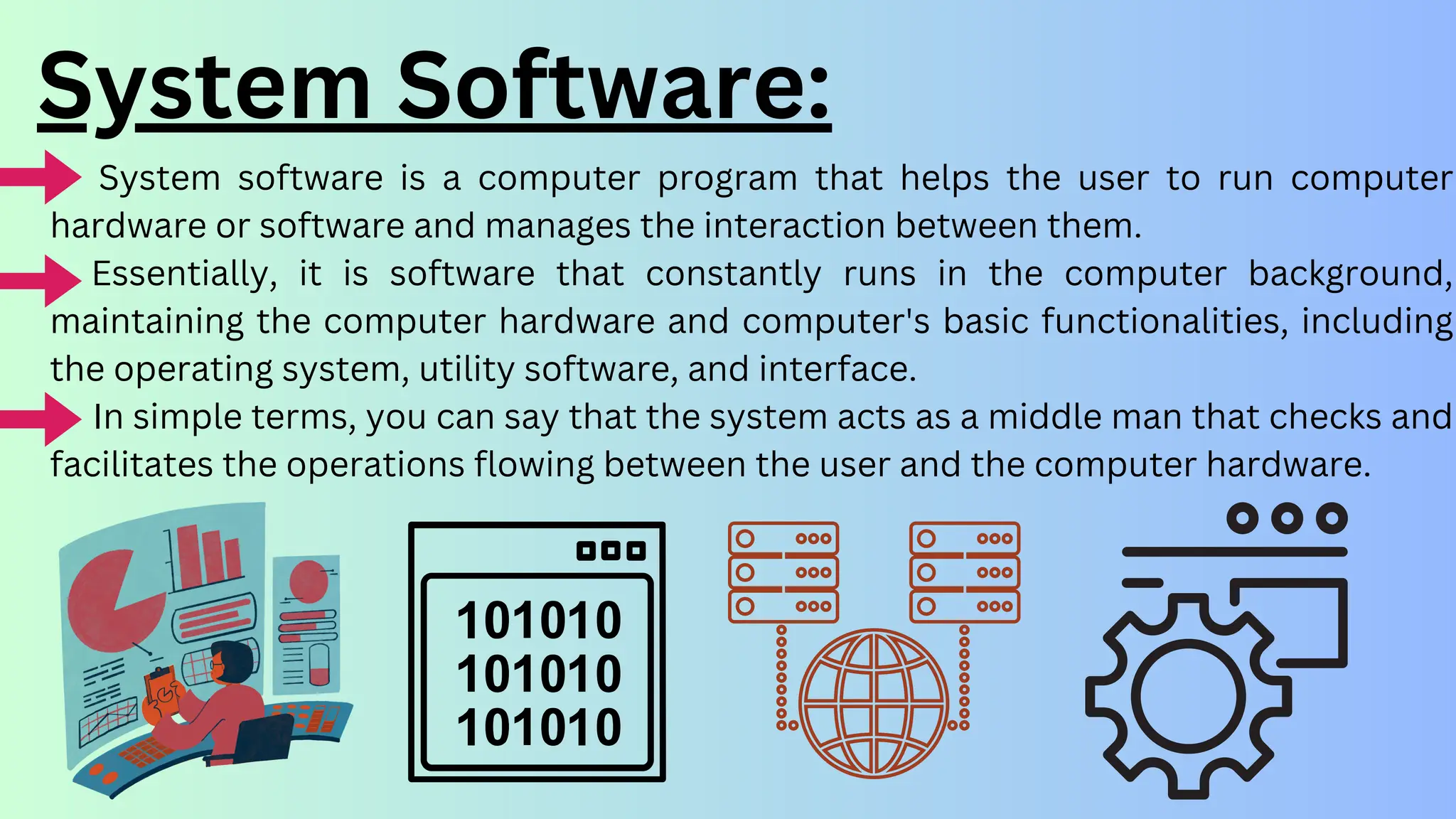 System software is a computer program that helps the user to run computer
hardware or software and manages the interaction between them.
Essentially, it is software that constantly runs in the computer background,
maintaining the computer hardware and computer's basic functionalities, including
the operating system, utility software, and interface.
In simple terms, you can say that the system acts as a middle man that checks and
facilitates the operations flowing between the user and the computer hardware.
System Software:
 