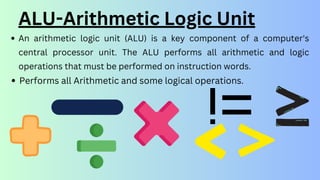 An arithmetic logic unit (ALU) is a key component of a computer's
central processor unit. The ALU performs all arithmetic and logic
operations that must be performed on instruction words.
Performs all Arithmetic and some logical operations.
ALU-Arithmetic Logic Unit
 