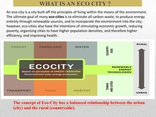 WHAT IS AN ECO CITY ?
An eco-city is a city built off the principles of living within the means of the environment.
The ultimate goal of many eco-cities is to eliminate all carbon waste, to produce energy
entirely through renewable sources, and to incorporate the environment into the city;
however, eco-cities also have the intentions of stimulating economic growth, reducing
poverty, organizing cities to have higher population densities, and therefore higher
efficiency, and improving health.
The concept of Eco-City has a balanced relationship between the urban
(city) and the rural (countryside).
 