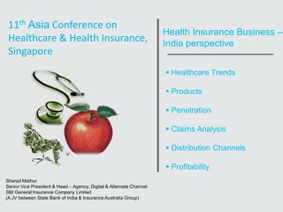 Health Insurance Business –
India perspective
 Healthcare Trends
 Products
 Penetration
 Claims Analysis
 Distribution Channels
 Profitability
Sharad Mathur
Senior Vice President & Head – Agency, Digital & Alternate Channel
SBI General Insurance Company Limited
(A JV between State Bank of India & Insurance Australia Group)
11th Asia Conference on
Healthcare & Health Insurance,
Singapore
 