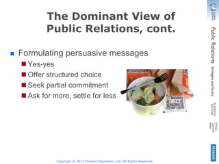 Copyright © 2015 Pearson Education, Ltd. All Rights Reserved.
Formulating persuasive messages
Yes-yes
Offer structured choice
Seek partial commitment
Ask for more, settle for less
The Dominant View of
Public Relations, cont.