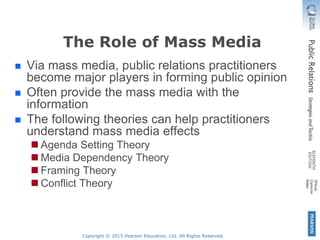 Copyright © 2015 Pearson Education, Ltd. All Rights Reserved.
The Role of Mass Media
Via mass media, public relations practitioners
become major players in forming public opinion
Often provide the mass media with the
information
The following theories can help practitioners
understand mass media effects
Agenda Setting Theory
Media Dependency Theory
Framing Theory
Conflict Theory