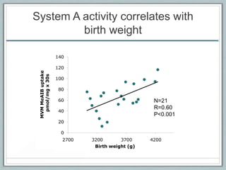 System A activity correlates with
birth weight
0
20
40
60
80
100
120
140
2700 3200 3700 4200
MVMMeAIBuptake
pmol/mgx30s
Birth weight (g)
N=21
R=0.60
P<0.001
 