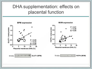 DHA supplementation: effects on
placental function
MVM expression
Placental membrane DHA (%)
FATP4/totalprotein
0 5 10 15 20
0.0
0.2
0.4
0.6
0.8
P < 0.01
r = 0.49
Q = 0.04
BPM expression
Placental membrane DHA (%)
GLUT1/totalprotein
0 5 10 15 20
0.0
0.5
1.0
1.5
2.0
P < 0.05
r = 0.43
Q = 0.09
GLUT1 (BPM) FATP4 (MVM)70 kDa55 kDa
 