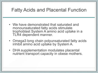 Fatty Acids and Placental Function
• We have demonstrated that saturated and
monounsaturated fatty acids stimulate
trophoblast System A amino acid uptake in a
TLR4 dependent manner.
• Omega3 long chain polyunsaturated fatty acids
inhibit amino acid uptake by System A.
• DHA supplementation modulates placental
nutrient transport capacity in obese mothers.
 