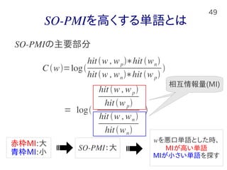 49
SO-PMIを高くする単語とは
C w=log
hitw ,wp∗hit wn
hitw ,wn∗hit wp

SO-PMIの主要部分
= log
hit w ,wp
hitwp
hit w ,wn
hitwn

相互情報量相互情報量(MI)
赤枠MI:大
青枠MI:小
SO-PMI：大
wを悪口単語とした時、
MIが高い単語
MIが小さい単語を探す
 