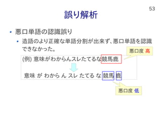 53
誤り解析
悪口単語の認識誤り
造語のより正確な単語分割が出来ず、悪口単語を認識
できなかった。
(例) 意味がわからんスレたてるな競馬鹿
意味 が わから ん スレ たてる な 競馬 鹿
悪口度 高
悪口度 高悪口度 低
 