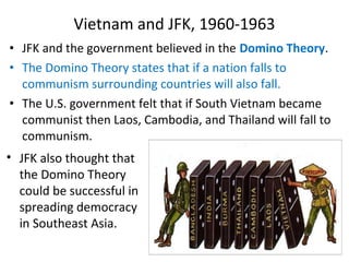• JFK and the government believed in the Domino Theory.
• The Domino Theory states that if a nation falls to
communism surrounding countries will also fall.
• The U.S. government felt that if South Vietnam became
communist then Laos, Cambodia, and Thailand will fall to
communism.
Vietnam and JFK, 1960-1963
• JFK also thought that
the Domino Theory
could be successful in
spreading democracy
in Southeast Asia.
 