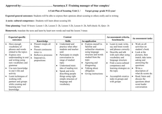 Approved by: ……………………………. Sarantuya.T /Training manager of Star complex/
                                             A Unit Plan of Scouting /Unit 2. /      Target group: grade 9/12-year/

Expected general outcomes: Students will be able to express their opinions about scouting to others orally and in writing

A socio- cultural competence : Students will learn about scouting life

Time planning: Total 10 hours: Lesson 1-2h, Lesson 2- 2h, Lesson 3-2h, Lesson 4- 2h, Self-check-1h, Quiz- 1h

Homework: translate the texts and learn by heart new words and read the lesson 3 times

   Expected specific                                          Content                                        An assessment criteria,
                                                                                                                                         An assessment tasks
      outcomes                                                                                                    benchmarks
                                 Knowledge                      Skills            An application
   Have enough                Present simple all          Understand and             Express oneself in         Learn to read, write,      Work on all
   vocabulary of              forms                       practice what other        familiar and               say and listen words       activities on
   phrases and words          Present continuous          students and teacher       unfamiliar situations      and phrases correctly      student’s book
   related to the topics      tense vs.                   said.                      using language             Describe and talk          Look at the
   Express own                Reflexive pronouns          Participate in simple      structure and words        with each other using      pictures, then
   understanding in oral      Imperatives,                conversation in            studied from the           vocabulary and             match, take turns
   and writing using          prepositions                range of studied           topic                      language structure         asking and
   new vocabulary and                                     topic                      Agreeing and               Find a socio-cultural      answering the
   grammar                                                Understand main            disagreeing                competence and             questions
   Use new knowledge                                      idea of reading text       Talking about              learning strategies on     Write a
   to one’s life and                                      Speak and write            obligation                 the topic                  description of
   activity                                               describing people          Giving instructions                                   what do scouts do.
   Learn techniques of                                    things using right                                    Accomplish creative        Read, listen and
   working with                                           simple structure of                                   tasks in groups and        discuss the
   partners and groups                                    language and                                          with groups                questions about
   while creating and                                     vocabulary                                                                       scout leader
   learning new                                                                                                                            conversation
   knowledge
 