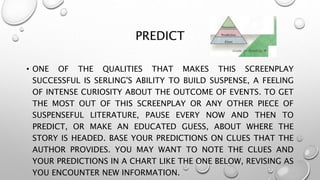 PREDICT
• ONE OF THE QUALITIES THAT MAKES THIS SCREENPLAY
SUCCESSFUL IS SERLING'S ABILITY TO BUILD SUSPENSE, A FEELING
OF INTENSE CURIOSITY ABOUT THE OUTCOME OF EVENTS. TO GET
THE MOST OUT OF THIS SCREENPLAY OR ANY OTHER PIECE OF
SUSPENSEFUL LITERATURE, PAUSE EVERY NOW AND THEN TO
PREDICT, OR MAKE AN EDUCATED GUESS, ABOUT WHERE THE
STORY IS HEADED. BASE YOUR PREDICTIONS ON CLUES THAT THE
AUTHOR PROVIDES. YOU MAY WANT TO NOTE THE CLUES AND
YOUR PREDICTIONS IN A CHART LIKE THE ONE BELOW, REVISING AS
YOU ENCOUNTER NEW INFORMATION.
 