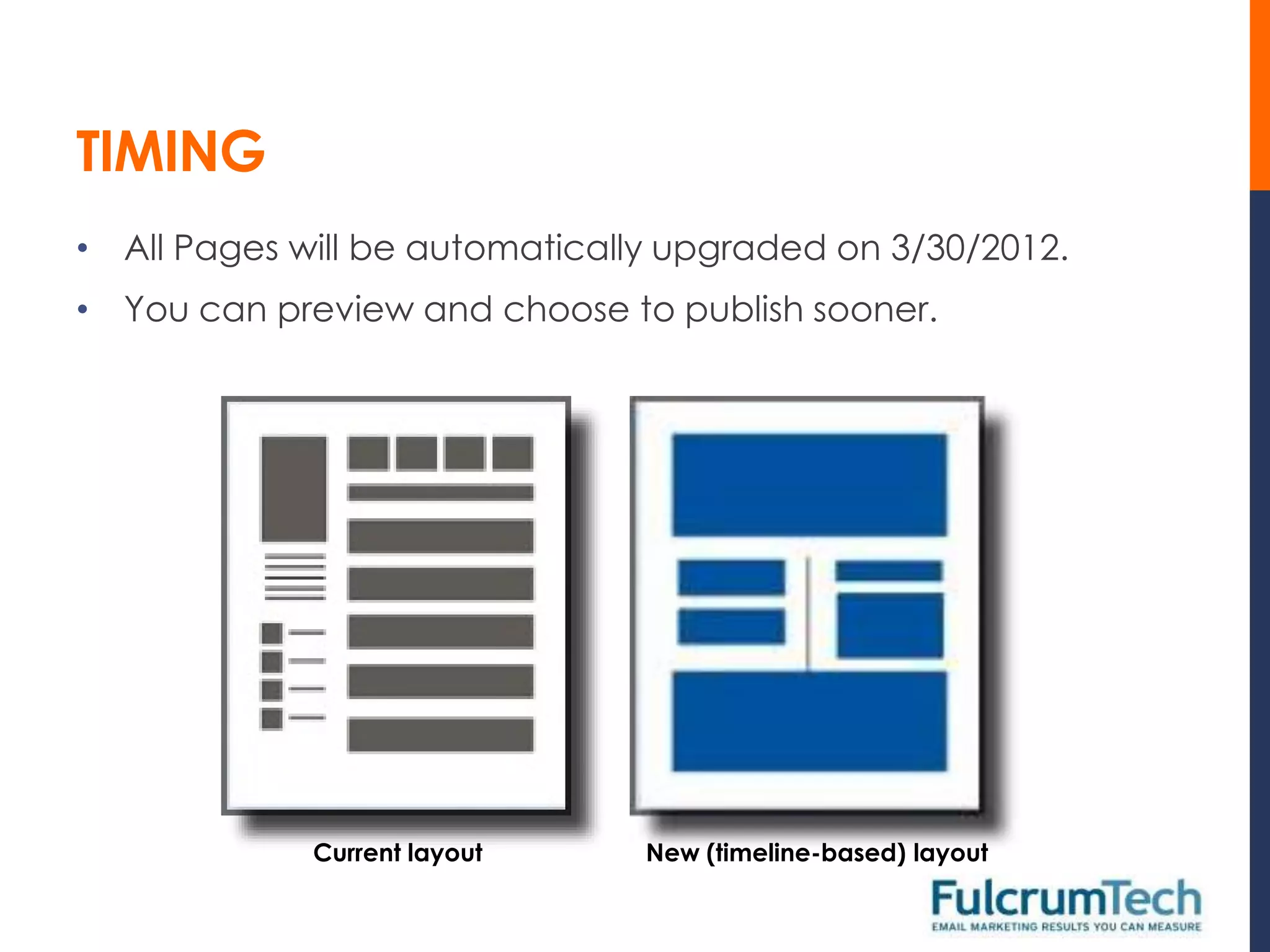 TIMING
• All Pages will be automatically upgraded on 3/30/2012.
• You can preview and choose to publish sooner.




             Current layout     New (timeline-based) layout
 