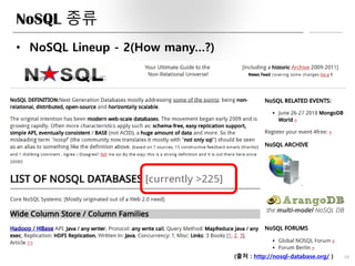 NoSQL 종류
• NoSQL Lineup - 2(How many…?)
10(출처 : http://nosql-database.org/ )
 