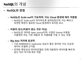 NoSQL의 개념
• NoSQL의 장점
– NoSQL은 Scale-out이 가능하며, 이는 Cloud 환경에 매우 적합함
• NoSQL은 Scale-out이 유리하도록 설계되었으며, 이는 빠르고
유연한 확장이 필요한 Cloud 환경에서 유리한 요소
– 비용의 감소(비용이 없는 것은 아님)
• NoSQL은 대부분 open source이며, 수많은 license 비용을
지불해야 하는 기존 제품과 큰 차별화를 가질 수 있는 부분
– Big data 처리에 효과적
• 기존 RDBMS보다 read/write 성능이 좋은 편이며, 이는 단순한
데이터 모델에 근거함
• 유연한 확장성과 데이터모델로 인해 대용량의 데이터를 빠르게
분산 처리 하기에 매우 적합
14
 