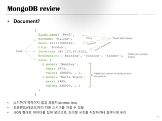 MongoDB review
• Document?
19
• 스키마가 정적이지 않고 유동적(schema-less).
• 도큐먼트(레코드)마다 다른 스키마를 가질 수 있음
• JSON 형태로 데이터를 집어 넣으므로, 트리형 구조를 저장하거나 검색시에 유리
 