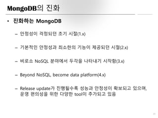 MongoDB의 진화
• 진화하는 MongoDB
– 안정성이 걱정되던 초기 시절(1.x)
– 기본적인 안정성과 최소한의 기능이 제공되던 시절(2.x)
– 비로소 NoSQL 분야에서 두각을 나타내기 시작함(3.x)
– Beyond NoSQL, become data platform(4.x)
– Release update가 진행될수록 성능과 안정성이 확보되고 있으며,
운영 편의성을 위한 다양한 tool이 추가되고 있음
35
 