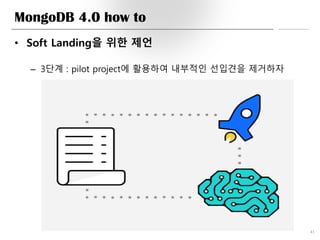 MongoDB 4.0 how to
• Soft Landing을 위한 제언
– 3단계 : pilot project에 활용하여 내부적인 선입견을 제거하자
41
 