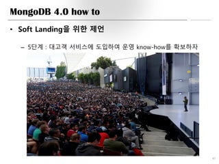 MongoDB 4.0 how to
• Soft Landing을 위한 제언
– 5단계 : 대고객 서비스에 도입하여 운영 know-how를 확보하자
43
 