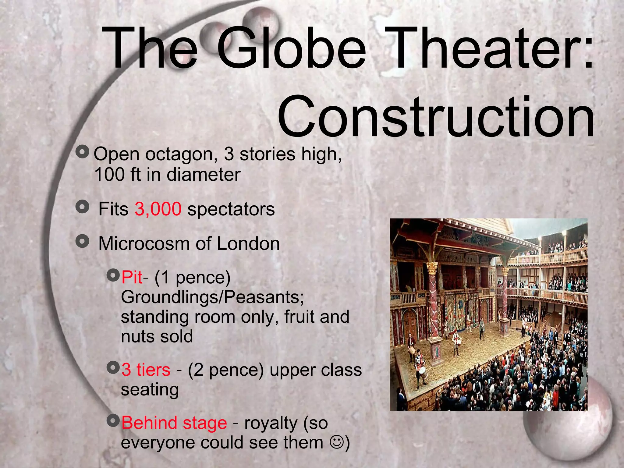 The Globe Theater:
ConstructionOpen octagon, 3 stories high,
100 ft in diameter
 Fits 3,000 spectators
 Microcosm of London
Pit– (1 pence)
Groundlings/Peasants;
standing room only, fruit and
nuts sold
3 tiers – (2 pence) upper class
seating
Behind stage – royalty (so
everyone could see them )
 