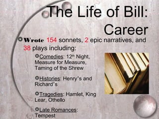 The Life of Bill:
CareerWrote 154 sonnets, 2 epic narratives, and
38 plays including:
Comedies: 12th
Night,
Measure for Measure,
Taming of the Shrew
Histories: Henry’s and
Richard’s
Tragedies: Hamlet, King
Lear, Othello
Late Romances:
Tempest
 