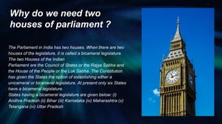 Why do we need two
houses of parliament ?
The Parliament in India has two houses. When there are two
houses of the legislature, it is called a bicameral legislature.
The two Houses of the Indian
Parliament are the Council of States or the Rajya Sabha and
the House of the People or the Lok Sabha. The Constitution
has given the States the option of establishing either a
unicameral or bicameral legislature. At present only six States
have a bicameral legislature.
States having a bicameral legislature are given below: (i)
Andhra Pradesh (ii) Bihar (iii) Karnataka (iv) Maharashtra (v)
Telangana (vi) Uttar Pradesh
 