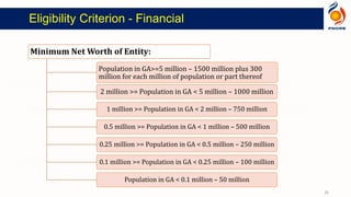 Minimum Net Worth of Entity:
Population in GA>=5 million – 1500 million plus 300
million for each million of population or part thereof
2 million >= Population in GA < 5 million – 1000 million
1 million >= Population in GA < 2 million – 750 million
0.5 million >= Population in GA < 1 million – 500 million
0.25 million >= Population in GA < 0.5 million – 250 million
0.1 million >= Population in GA < 0.25 million – 100 million
Population in GA < 0.1 million – 50 million
Eligibility Criterion - Financial
26
 